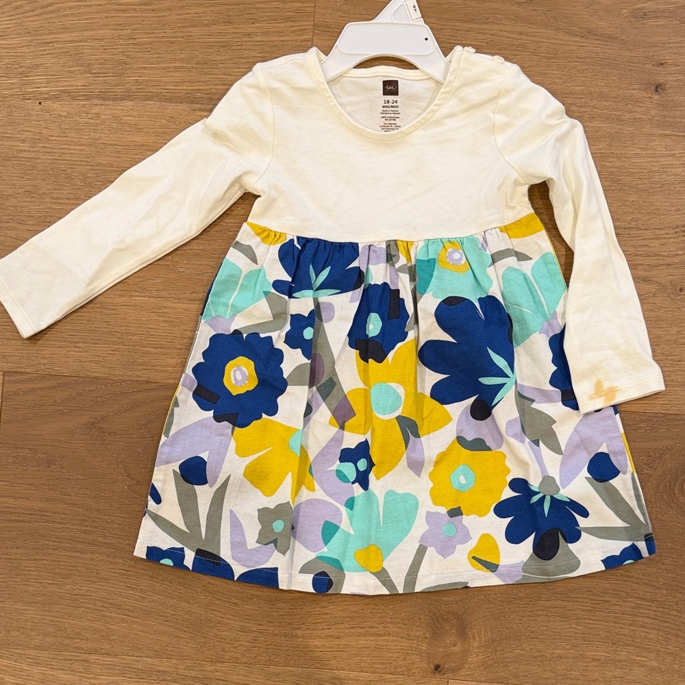 Tea Collection Cream and Blue Floral Kids Dress small stain in a sleeve